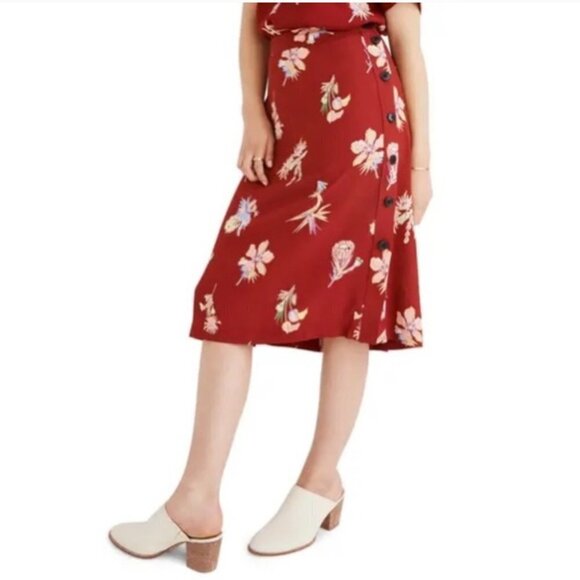 Madewell Burgundy Red Bird Of Paradise Side Button Floral Midi A-line Skirt Zero - Picture 12 of 12